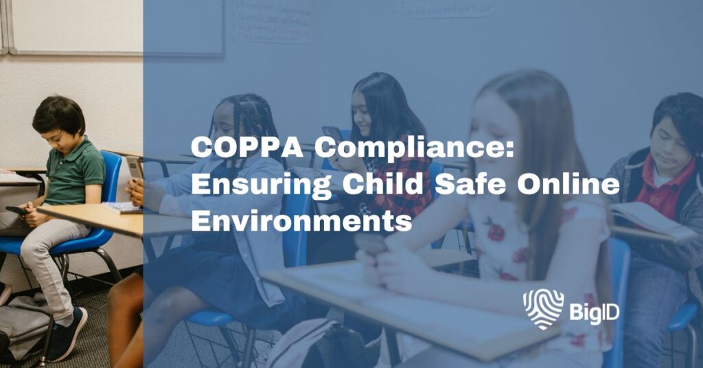 Photo of children in a classroom with a text overlay about COPPA compliance and children safety