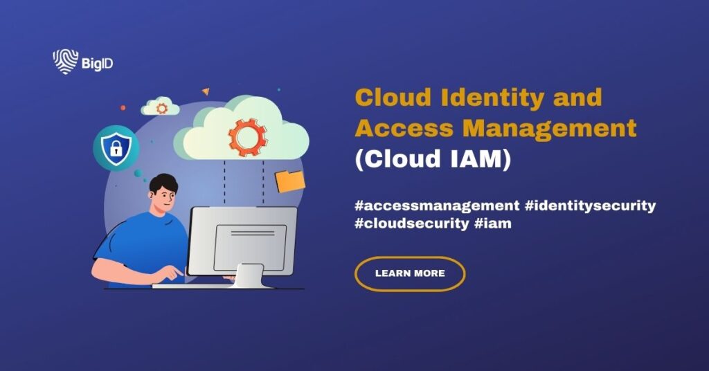 Graphic of a man using cloud identity and access management on a discrete blue-purple background