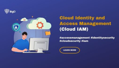 Graphic of a man using cloud identity and access management on a discrete blue-purple background