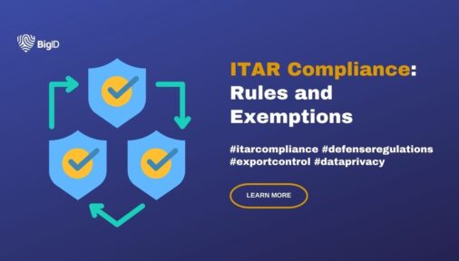 ITAR Compliance: Rules and Exemptions infographic by BigID with shield icons and check marks.