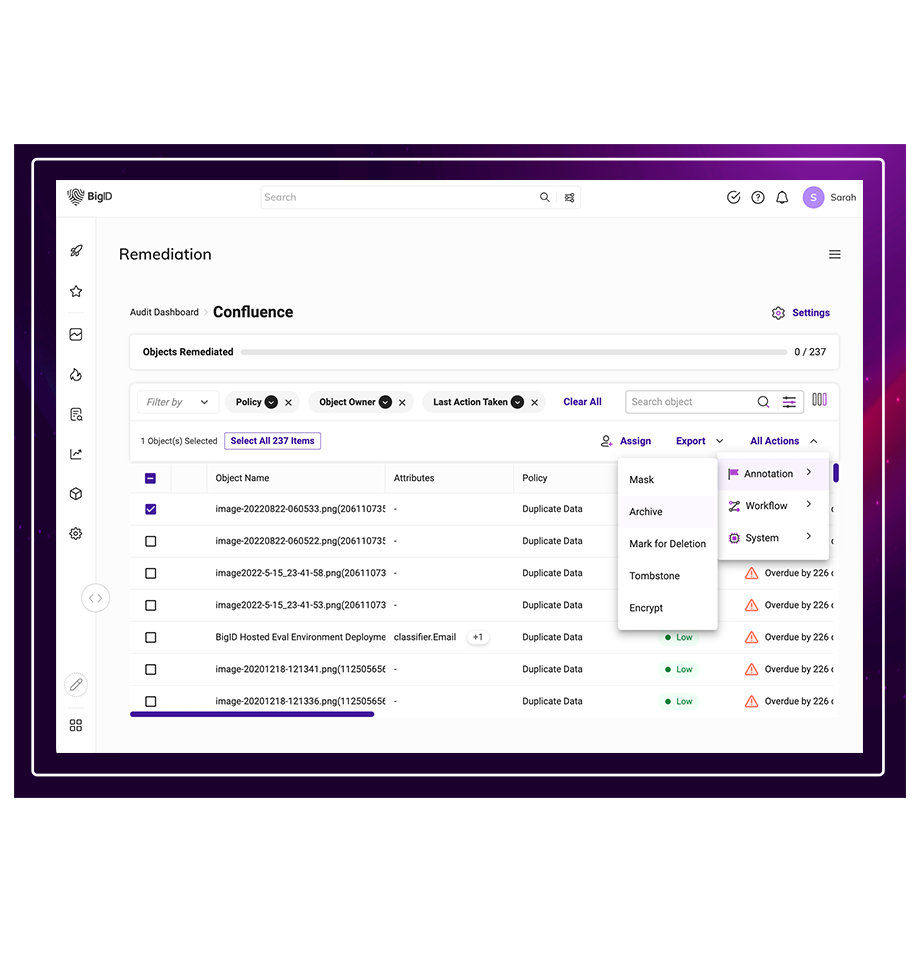 BigID data security posture management (DSPM) platform interface