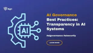 Article cover image with a logo and a text: "AI Governance Best Practices: Transparency in AI Systems" in white and yellow letters on a blue background