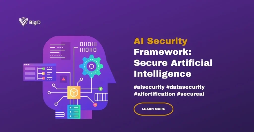 AI Security Framework illustration with text: 'Secure Artificial Intelligence' and hashtags #aisecurity #datasecurity #aifortification #secureai.